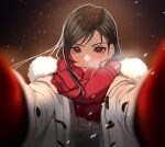  1girl black_hair closed_mouth coat duffel_coat english_commentary final_fantasy final_fantasy_vii final_fantasy_vii_remake fur-trimmed_coat fur_trim long_hair looking_at_viewer meme mittens open_clothes open_coat pov_cheek_warming_(meme) reaching reaching_towards_viewer red_eyes red_mittens red_scarf scarf smile snowing solo temoc tifa_lockhart white_coat winter_clothes winter_coat 