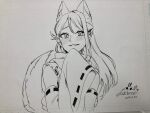  1girl animal_ears blush commentary dated detached_sleeves fox_ears fox_girl fox_tail greyscale hair_between_eyes hair_ornament hairclip hand_up highres kashikaze kemonomimi_mode long_hair looking_at_viewer love_live! love_live!_sunshine!! monochrome nib_pen_(medium) photo_(medium) sakurauchi_riko signature single_sidelock sleeveless sleeves_past_fingers sleeves_past_wrists slit_pupils tail traditional_media 