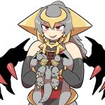  1girl armor blush claws commentary_request giratina gloves grey_hair holding holding_pokemon kasugai_(de-tteiu) long_hair open_mouth personification pokemon pokemon_(creature) pokemon_dppt pokemon_platinum ponytail red_eyes spikes wings 