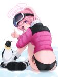  1girl ? animal ass bikini bird black_bikini blue_archive blush boots eimi_(blue_archive) eimi_(swimsuit)_(blue_archive) goggles goggles_on_head halo highres jacket long_hair long_sleeves official_alternate_costume open_mouth penguin pink_eyes pink_hair pink_halo pink_jacket ponytail shijima_(shijima_tc) side-tie_bikini_bottom solo swimsuit very_long_hair white_footwear 