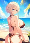  1girl ass back beach bikini black_bikini blonde_hair blue_eyes breasts ichinose_ayano kuroe_(sugarberry) large_breasts looking_back ocean original outdoors shoulder_blades side-tie_bikini_bottom sky solo sunlight swimsuit 