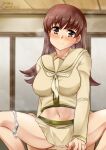  1boy 1girl breasts brown_eyes brown_hair clothed_male_nude_female clothed_sex cowgirl_position hetero highres jewelry kantai_collection large_breasts long_hair long_sleeves midriff miniskirt navel neckerchief nude ooi_(kancolle) ooi_kai_ni_(kancolle) panties panties_around_one_leg pov ring sailor_collar school_uniform serafuku skirt solo_focus spread_legs straddling underwear wedding_ring white_panties yellow_neckerchief yellow_sailor_collar yellow_serafuku yellow_skirt yo-suke 