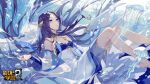  1girl absurdres air_bubble bare_legs barefoot benghuai_xueyuan blue_eyes blue_hair breasts bubble cleavage copyright_name detached_sleeves forehead_jewel gem highres honkai_(series) jellyfish jewelry jyahnar_(benghuai_xueyuan) long_hair official_art second-party_source smile underwater water 