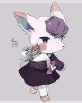  1girl absurdres animal_crossing animal_focus black_dress blue_eyes bouquet bow deer diana_(animal_crossing) dress floral_print flower full_body furry green_flower grey_background hideko_(l33l3b) highres holding holding_bouquet hooves light_smile long_sleeves no_humans purple_bow purple_hair red_flower signature simple_background smile solo twitter_username walking 