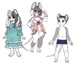  1boy 2girls animal_ears barefoot black_eyes black_fur black_hair blue_dress boxers breasts brown_fur dress full_body furry furry_female furry_male hand_on_own_hip kui_ryouko long_hair male_underwear mouse_boy mouse_ears mouse_girl mouse_tail multicolored_hair multiple_girls navel nightgown original panties patterned_clothing pink_nightgown pink_panties short_hair tail two-tone_fur two-tone_hair underwear very_short_hair wavy_hair white_background white_fur white_hair 