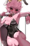  1girl absurdres alternate_costume animal_ears ashido_mina bare_legs bare_shoulders black_leotard black_sclera boku_no_hero_academia bow bowtie breasts cleavage colored_sclera colored_skin fake_animal_ears highres leotard looking_at_viewer medium_breasts pink_hair pink_skin playboy_bunny rabbit_ears red_bow red_bowtie short_hair smile solo yellow_eyes zd_(pixiv6210083) 