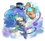  1girl ahoge blue_shirt chibi doradorakingyo gloves green_eyes hat holding holding_whip hoop long_hair mermaid mini_hat mini_top_hat monster_girl non-humanoid_robot open_mouth ponytail puffy_short_sleeves puffy_sleeves puyopuyo puyopuyo_quest robot robot_animal serilly_(puyopuyo) shirt short_sleeves solo top_hat white_background white_gloves winding_key 