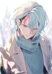  1boy black_hair blue_hair blue_sweater jacket kyo_kaneko male_focus mochimochi_589 multicolored_hair nijisanji nijisanji_en open_clothes open_jacket pink_hair smile solo streaked_hair sweater turtleneck turtleneck_sweater virtual_youtuber white_jacket yellow_eyes 