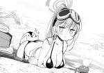  1other ass bent_over bikini bird blue_archive blush breasts cup eimi_(blue_archive) eimi_(swimsuit)_(blue_archive) food goggles goggles_on_head greyscale halo highres hot_chocolate large_breasts looking_at_viewer marshmallow miu_(miusnama) monochrome mug official_alternate_costume partially_submerged penguin ponytail side-tie_bikini_bottom ski_goggles swimsuit wading wet 