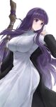  1girl absurdres black_robe blunt_bangs blush breasts dress fern_(sousou_no_frieren) highres large_breasts looking_to_the_side open_clothes open_robe purple_eyes purple_hair robe sheng_zhidou sidelocks simple_background solo sousou_no_frieren staff white_background white_dress 