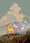  alternate_color blue_fire cloud day fire from_side grass highres no_humans outdoors pokemon pokemon_(creature) rapidash shiny_pokemon sky standing two_pokemon 