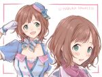  1girl amami_haruka blue_bow blue_dress blue_ribbon blush bow bow_choker breasts brown_hair character_name clenched_hand collarbone dot_nose dress gloves green_eyes hand_up hat hat_ribbon heart highres idolmaster idolmaster_(classic) idolmaster_million_live! idolmaster_million_live!_theater_days looking_at_viewer medium_breasts multiple_views nogoodlife open_mouth purple_scarf ribbon scarf short_hair short_sleeves simple_background smile striped striped_bow two-tone_headwear white_background white_gloves 