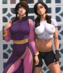  2girls artist_name bike_shorts black_gloves black_shorts blue_eyes breasts brown_hair chi-chi_(dragon_ball) chinese_clothes commentary commentary_typo covered_nipples dragon_ball dragon_ball_z dress english_commentary fingerless_gloves flowerxl gloves half-closed_eyes large_breasts medium_breasts medium_hair mother-in-law_and_daughter-in-law multiple_girls navel parted_lips purple_dress shirt short_sleeves short_twintails shorts side-by-side skin_tight stomach toned twintails videl white_shirt 