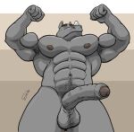  2020 abs anthro armpit_hair balls biceps body_hair chestnuts_(artist) erection facial_hair fist flexing flexing_both_biceps foreskin genitals goatee horn low-angle_view male mammal manly muscular navel nipples nude pecs penis pose pubes rhinoceros simple_background solo standing stubble triceps vein veiny_penis 