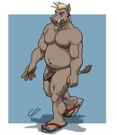  2016 anthro balls belly biceps blonde_hair blue_background border chestnuts_(artist) clothing facial_hair feet flaccid footwear footwear_only foreskin genitals goatee hair looking_at_viewer male mammal manly moobs mostly_nude musclegut muscular muscular_legs navel nipples nude penis ponytail pubes sandals sandals_only simple_background slightly_chubby solo standing suid suina sus_(pig) vein veiny_penis walking white_border wild_boar 
