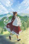  1girl black_skirt blue_sky bow brown_hair cloud commentary detached_sleeves full_body gohei green_snake_(grnsnk) hair_bow hakurei_reimu highres long_hair looking_back mountainous_horizon outdoors pom_pom_(clothes) red_bow red_skirt ribbon-trimmed_skirt ribbon_trim shirt skirt sky socks solo symbol-only_commentary touhou tree white_shirt white_socks wide_sleeves 