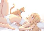  1girl barefoot bed_sheet bigrbear blonde_hair blue_eyes bra cat flat_chest knee_up long_hair looking_at_animal lying navel on_back on_bed original panties parted_lips pillow smile solo underwear underwear_only white_bra white_panties 