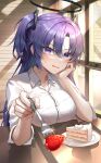  1girl absurdres blue_archive blush breasts buttons cake cake_slice collared_shirt food fork fruit hair_between_eyes halo highres holding holding_fork large_breasts long_hair looking_at_viewer mechanical_halo momyong open_mouth purple_eyes purple_hair shirt solo strawberry two_side_up upper_body white_shirt yuuka_(blue_archive) 