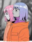  2others ambiguous_gender black_eyes blue_hair colored_skin grey_skin kui_ryouko looking_ahead medium_hair multiple_others original pink_hair pink_sweater rain raincoat simple_background sweater turtleneck turtleneck_sweater upper_body 