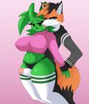  absurd_res anthro big_breasts biped breasts camel_toe canid canine clothed clothing eyelashes female fox foxsuo genitals green_body hi_res humanoid legwear male male/female mammal nipple_outline panties penis pupils sex thigh_highs thigh_sex underwear 