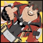  1boy black_gloves brown_eyes brown_hair fingerless_gloves forehead_protector gloves guilty_gear guilty_gear_strive headband highres its_just_suppi jacket long_hair looking_at_viewer male_focus middle_finger muscular muscular_male red_jacket simple_background smile sol_badguy spiked_hair upper_body yellow_background 