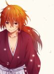  1boy ahoge collarbone cross_scar falling_petals hair_between_eyes hakama half-closed_eyes highres himura_kenshin japanese_clothes kimono light_smile long_hair long_sleeves looking_down male_focus orange_hair petals ponytail purple_eyes red_hair red_kimono rurouni_kenshin sad scar scar_on_cheek scar_on_face simple_background solo tokimiya016_(rai) white_background white_hakama 