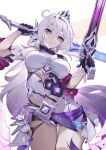  1girl armor asc11 bare_shoulders black_gloves blue_eyes breasts chinese_commentary cleavage closed_mouth crown dress drill_hair dual_wielding gloves grey_eyes grey_hair gun hair_between_eyes hair_ornament highres holding holding_gun holding_sword holding_weapon honkai_(series) honkai_impact_3rd jewelry kiana_kaslana kiana_kaslana_(herrscher_of_finality) large_breasts long_hair looking_at_viewer purple_pupils simple_background smile solo sword twin_drills very_long_hair weapon white_background white_dress white_hair 