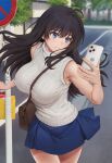  1girl ahoge bag bare_shoulders black_hair blue_eyes breasts cellphone cyclone_(reizei) highres large_breasts long_hair original phone pleated_skirt ribbed_sweater road_sign shoulder_bag sign skirt sleeveless smartphone solo stop_sign sweatdrop sweater turtleneck 