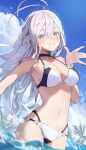  1girl 86_-eightysix- absurdres ahoge bikini blue_sky breasts choker cloud day floating_hair grin highres long_hair medium_breasts navel ocean open_hand palm_tree purple_eyes sky smile solo sooon swimsuit tree very_long_hair vladilena_millize wading water white_bikini white_hair 