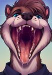  anthro blue_clothing blue_eyes blue_topwear bodily_fluids brown_body brown_fur brown_hair bust_portrait clothed clothing drooling fangs front_view fur glistening glistening_eyes gradient_background hair hi_res kolaa looking_at_viewer male mammal mouth_shot mustelid open_mouth otter portrait red_tongue saliva saliva_on_tongue saliva_string simple_background solo teeth tongue topwear whiskers white_body white_fur 