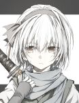  1girl absurdres brown_eyes closed_mouth fingerless_gloves gloves grey_hairband hairband highres konpaku_youmu scarf shimoda_masaya short_hair solo sword sword_on_back touhou upper_body weapon weapon_on_back white_hair 