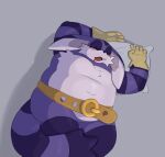  anthro belly belt big_the_cat blush bodily_fluids clothing domestic_cat drooling english_text eyes_closed felid feline felis fur gloves handwear lying male mammal navel newtmoss on_back overweight pillow purple_body purple_fur saliva sega sleeping solo sonic_the_hedgehog_(series) text 