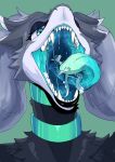  absurd_res anthro blue_body blue_eyes blue_fur blue_hair blue_tongue cheek_tuft duo eyelashes facial_tuft fangs female front_view fur green_background green_eyes grey_body grey_fur hair hi_res imminent_vore imperatorcaesar in_mouth male mouth_shot narrowed_eyes nude on_tongue open_mouth sharp_teeth short_hair simple_background species_request teeth tongue tuft 