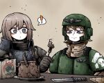  ! 2girls astra_militarum blonde_hair brown_hair field_ration food fork grey_eyes helmet knife meat military_uniform multiple_girls octosoup purple_eyes skull turtleneck uniform warhammer_40k 