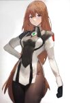  black_gloves black_pantyhose blue_eyes breasts closed_mouth dress elhaym_van_houten gloves highres long_hair medium_breasts orange_hair pantyhose side_slit sotterrarti uniform very_long_hair white_background xenogears 