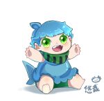  1girl arms_up baby barefoot ben_10 blue_hair blue_tail character_request chinese_commentary fins fish_tail green_eyes head_fins highres missing_tooth shark_tail short_hair simple_background sitting solo tail white_background youzaiyouzai112 