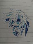  1other :| ballpoint_pen_(medium) closed_mouth commentary english_commentary headband highres jacket kurohebi len&#039;en lined_paper ling_s medium_hair monochrome no_nose open_clothes open_jacket other_focus portrait shirt sketch solo traditional_media 