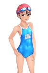  1girl absurdres aqua_one-piece_swimsuit black_hair blue_sky brown_eyes commentary_request competition_school_swimsuit covered_navel feet_out_of_frame goggles goggles_on_head hand_on_own_hip highres name_tag one-piece_swimsuit original red_headwear school_swimsuit short_hair simple_background sky solo standing swim_cap swimsuit takafumi tan tomboy variant_set white_background 