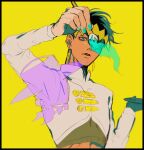  1boy black_border blue_eyes blue_nails blurry border earrings green_hair green_shirt headband heaven&#039;s_door highres holding holding_paintbrush holding_palette jacket jewelry jojo_no_kimyou_na_bouken kishibe_rohan long_sleeves looking_at_viewer male_focus mizudama nib_pen_(object) paintbrush painting_(action) palette_(object) parted_lips pen shirt short_hair simple_background solo stand_(jojo) upper_body white_jacket yellow_background yellow_headband 