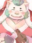  alcohol anthro beer beverage blue_hair blush body_hair bottle chest_hair christmas christmas_clothing clothing container gouryou hair hi_res hijirinoyuta holidays lifewonders looking_at_viewer male mammal pecs pouring solo suid suina sus_(pig) tokyo_afterschool_summoners tusks wild_boar 
