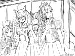  4girls ahoge animal_ears banana biwa_hayahide_(umamusume) bow commentary_request cowboy_shot ear_bow eating food fruit gold_ship_(umamusume) hair_between_eyes hair_ornament highres holding holding_food holding_fruit horse_ears horse_girl horse_tail indoors long_hair miya_nns35 monochrome multicolored_hair multiple_girls oguri_cap_(umamusume) pillbox_hat puffy_short_sleeves puffy_sleeves sailor_collar school_uniform semi-rimless_eyewear short_hair short_sleeves simple_background sketch skirt special_week_(umamusume) streaked_hair summer_uniform tail tracen_school_uniform umamusume 