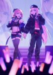  2girls backwards_hat baseball_cap black_headphones black_headwear black_jacket black_pants boots breasts earrings feather_earrings feathers hat headphones headphones_around_neck holding holding_hands holding_microphone hololive hololive_english hood jacket jewelry long_hair long_sleeves looking_at_another looking_at_viewer lu_xiaozhu microphone miniskirt mori_calliope mori_calliope_(new_underworld_order) multiple_girls necklace official_alternate_costume open_mouth pants pink_hair pink_shirt red_eyes shirt skirt takanashi_kiara tank_top virtual_youtuber yuri 