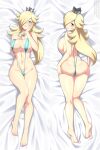  1girl bare_legs barefoot biting_own_lip blonde_hair blue_eyes blush breasts cleavage commentary commission crown dakimakura_(medium) dimples_of_venus earrings english_commentary feet from_behind full_body hair_over_one_eye hand_on_own_cheek hand_on_own_chest hand_on_own_face highres jewelry kneepits large_breasts lindaroze long_hair looking_at_viewer looking_back lying mario_(series) mini_crown multiple_views nail_polish navel on_back paid_reward_available pink_nails rosalina slingshot_swimsuit soles strap_gap swimsuit thigh_gap thighs twitter_username very_long_hair web_address 