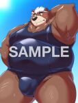  12beat13 accessory anthro bear belly blush bodily_fluids brown_body brown_fur bulge clothing eyebrows fur goro_(live_a_hero) hair headband lifewonders live_a_hero male mammal moobs one-piece_swimsuit overweight solo sweat swimwear thick_eyebrows white_hair 