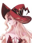  1girl bare_shoulders bezvinno blonde_hair dress earrings from_side genshin_impact hat highres jewelry lipstick long_hair makeup pensive profile red_dress sad signora_(genshin_impact) solo witch_hat 