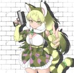  1girl animal_ears bare_shoulders belt bokoboko_(pandagapanda1) camouflage cat_ears cat_girl cat_tail elbow_gloves extra_ears fingerless_gloves gloves grey_eyes grey_hair gun highres jacket jungle_cat_(kemono_friends) kemono_friends kemono_friends_v_project long_hair looking_at_viewer microphone ribbon shirt simple_background skirt solo tail twintails virtual_youtuber weapon 