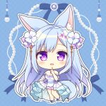  1girl :d animal_ear_fluff animal_ears bare_shoulders blue_background blue_footwear blue_hair blush braid breasts chibi cleavage commentary_request copyright_request dotted_line dress full_body hand_up long_hair looking_at_viewer medium_breasts purple_eyes ryuuka_sane shoes smile solo strapless strapless_dress very_long_hair white_dress 