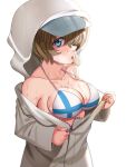 1girl bikini blonde_hair blue_eyes blush breasts cleavage collarbone finnish_flag_bikini girls_und_panzer highres hood hoodie large_breasts looking_at_viewer nico-mo open_mouth short_hair simple_background solo sweat swimsuit white_background youko_(girls_und_panzer) 