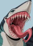  absurd_res ambiguous_gender blue_background blue_body blue_eyes bodily_fluids feral fish glistening glistening_eyes grey_body hi_res horizontal_pupils imperatorcaesar marine mouth_shot open_mouth pupils red_tongue saliva saliva_string shark sharp_teeth simple_background solo striped_body stripes teeth tongue tongue_out 