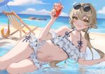  1girl :d absurdres ball beach beachball bikini blue_archive blue_sky chair chiyikoupangsanjin cloud cup day drinking_straw eyewear_on_head frilled_bikini frills hifumi_(blue_archive) hifumi_(swimsuit)_(blue_archive) highres holding holding_cup long_hair looking_at_viewer low_twintails lying navel ocean official_alternate_costume on_side outdoors round_eyewear sky smile sunglasses swimsuit twintails white_bikini 